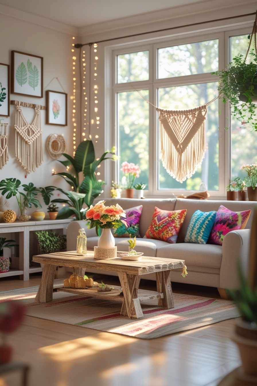DIY Home Decor living room with handmade wall art, cozy sofa, indoor plants, and stylish cushions
