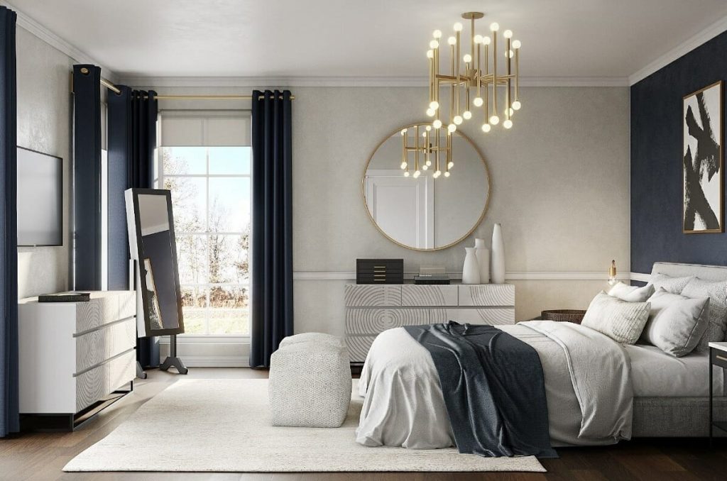 bedroom decor with wall art and bold wallpaper accent
