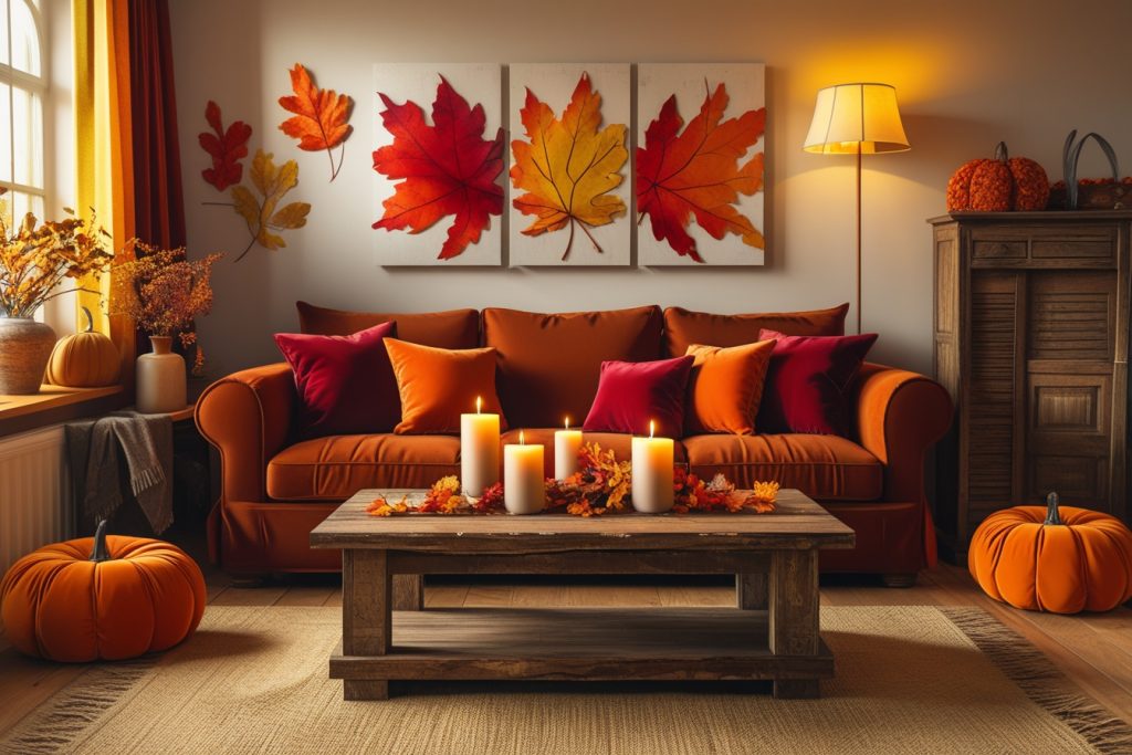 Fall home decor ideas for a cozy living room with warm-toned cushions and rustic wall art.