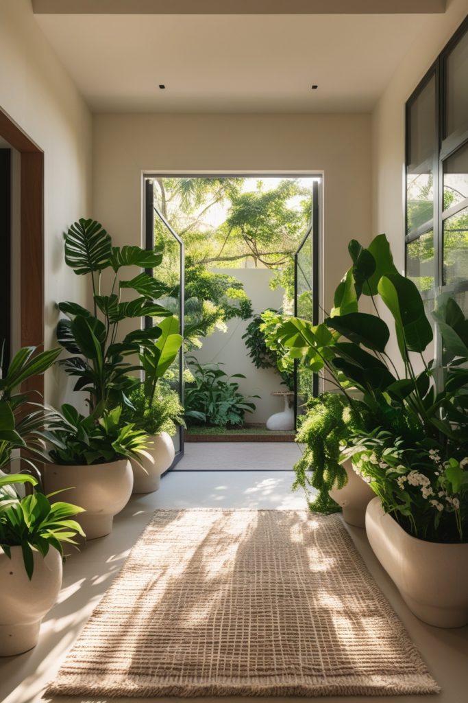 Modern home entrance decor with green indoor plants and cozy entryway design