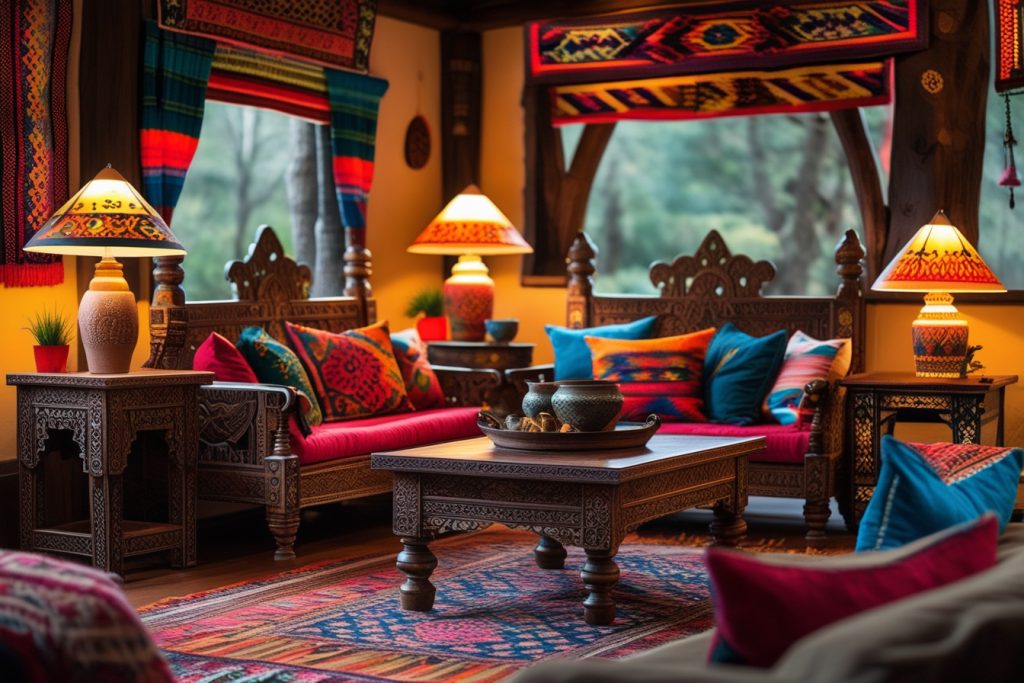 Ethnic home decor living room with traditional furniture and rugs.