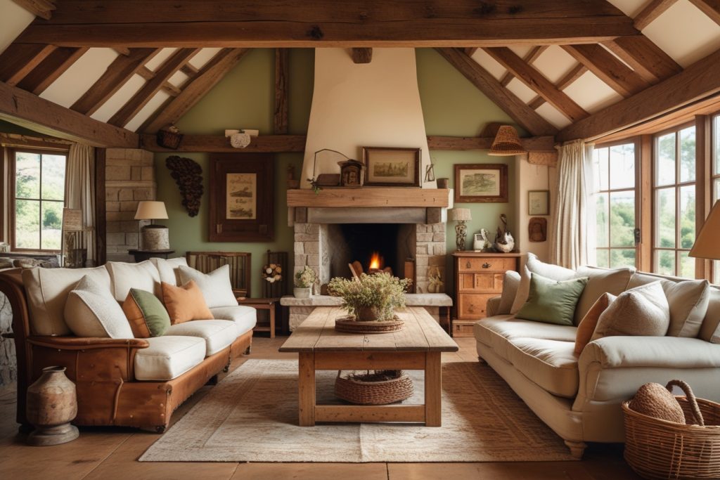 Rustic Home Decor living room with wooden beams and cozy furniture