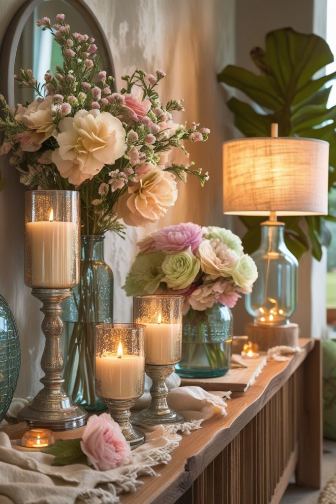 Home entrance decor with scented candles, flowers, and warm ambient lighting