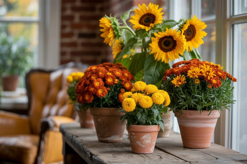 Fall home decor ideas with seasonal flowers like mums, marigolds, and sunflowers.