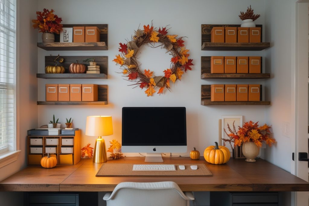 Fall home decor ideas for a cozy home office with pumpkins, warm lighting, and seasonal accents.Boost productivity with these stylish fall home office decor ideas.