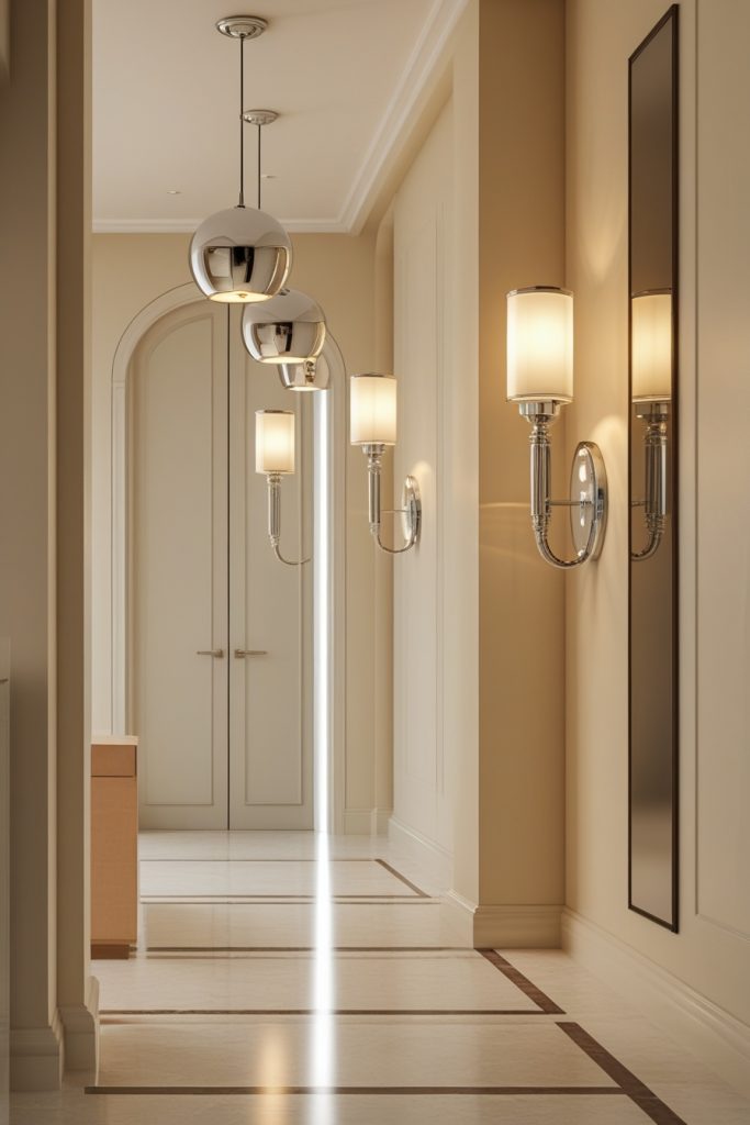 Home entrance decor with stylish foyer lighting, pendant lamps, and warm wall sconces in minimal design