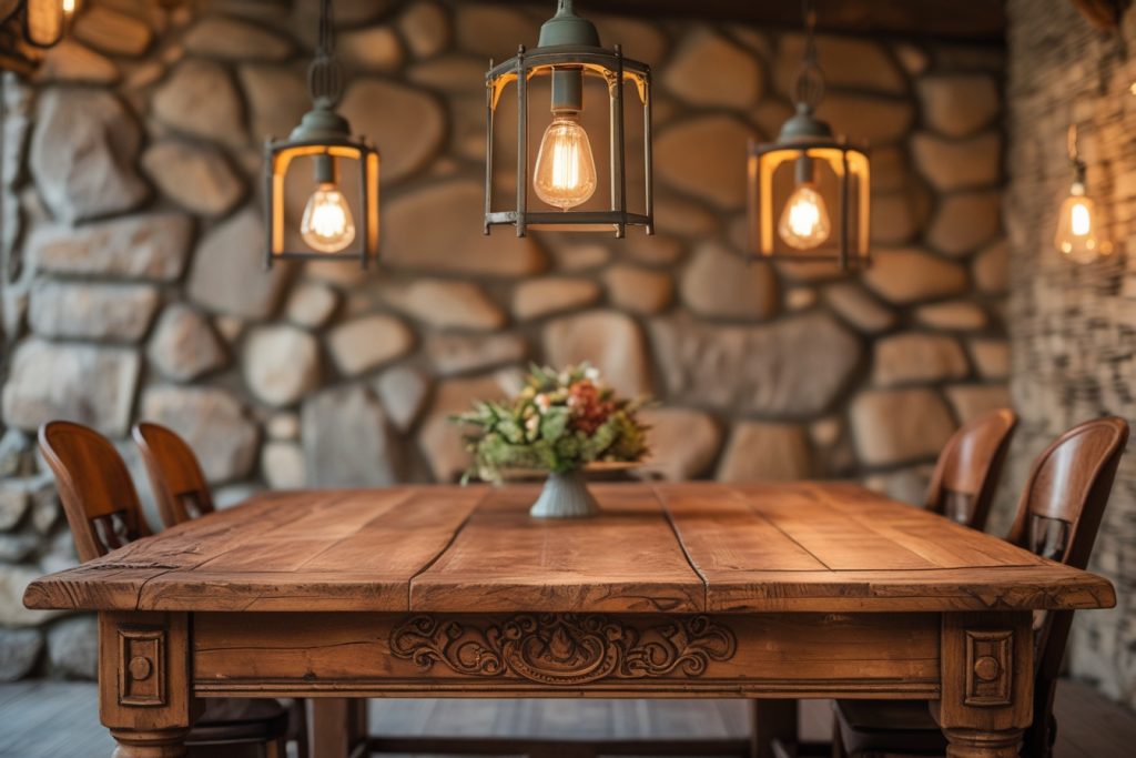 Rustic Home Decor dining table with stone wall and vintage lights