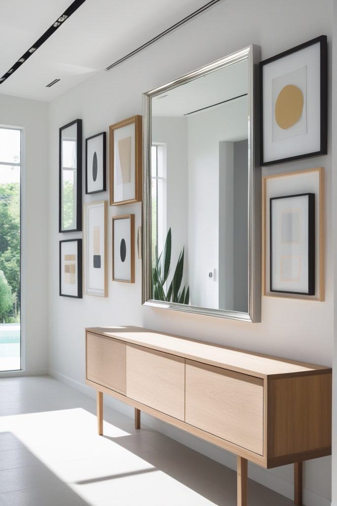 Entryway decor featuring decorative wall mirror and stylish art frames for modern home entrance
