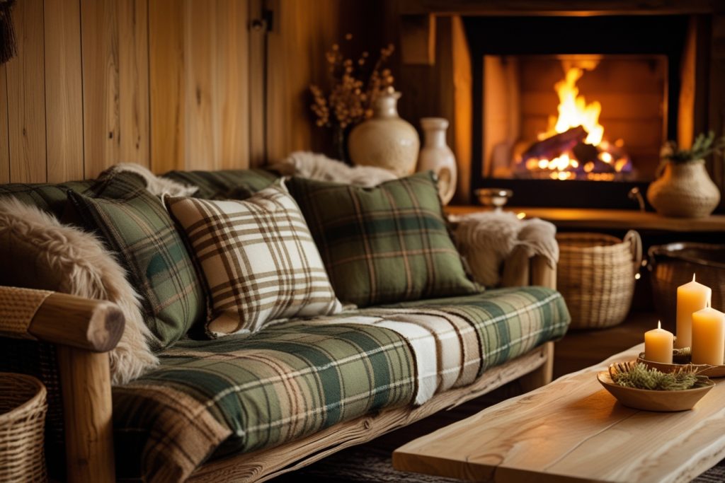 Rustic Home Decor sofa with plaid cushions and wooden coffee table