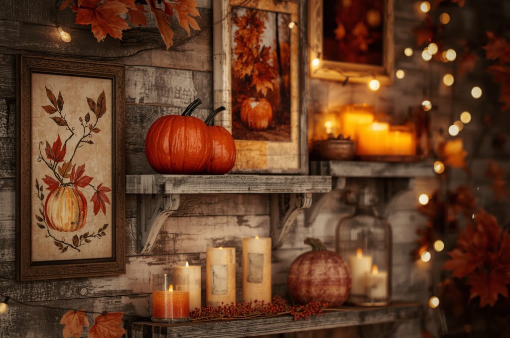 Fall wall decor ideas with rustic frames, seasonal quotes, and pumpkins on shelves.