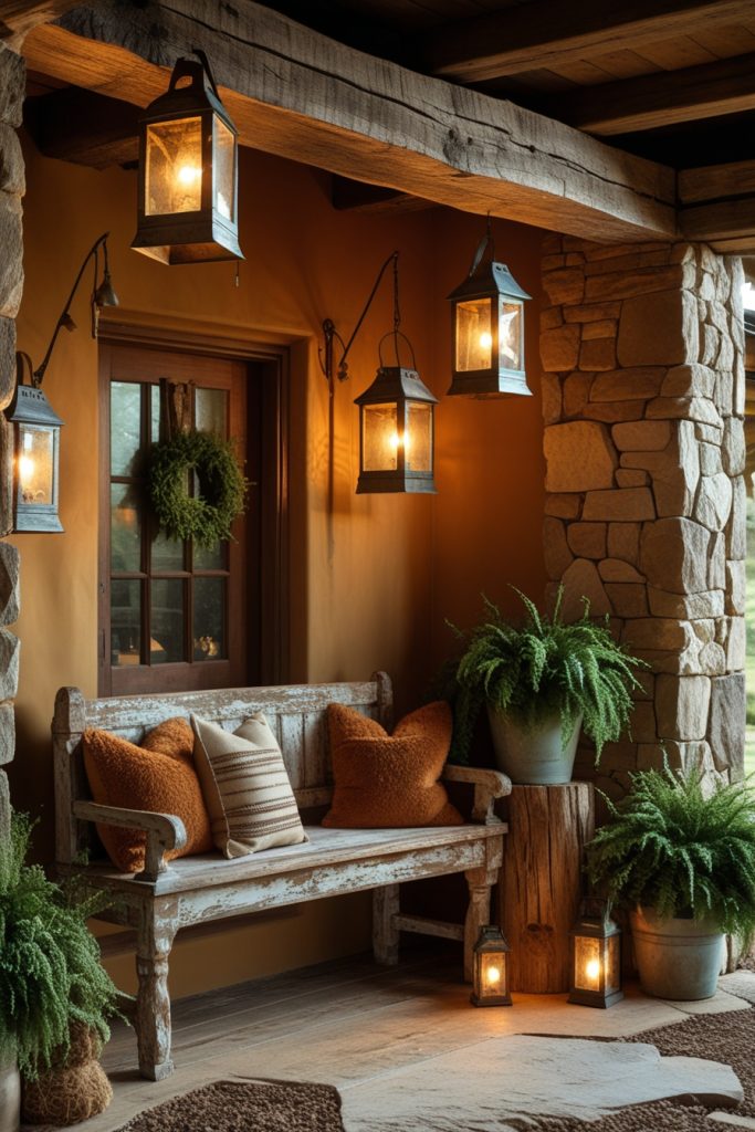 Rustic farmhouse entrance decor with wooden bench, lanterns, and earthy tones