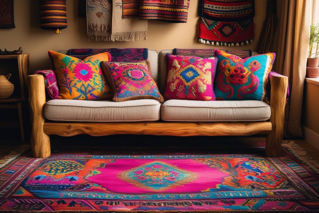 Ethnic home decor rug and embroidered cushions.