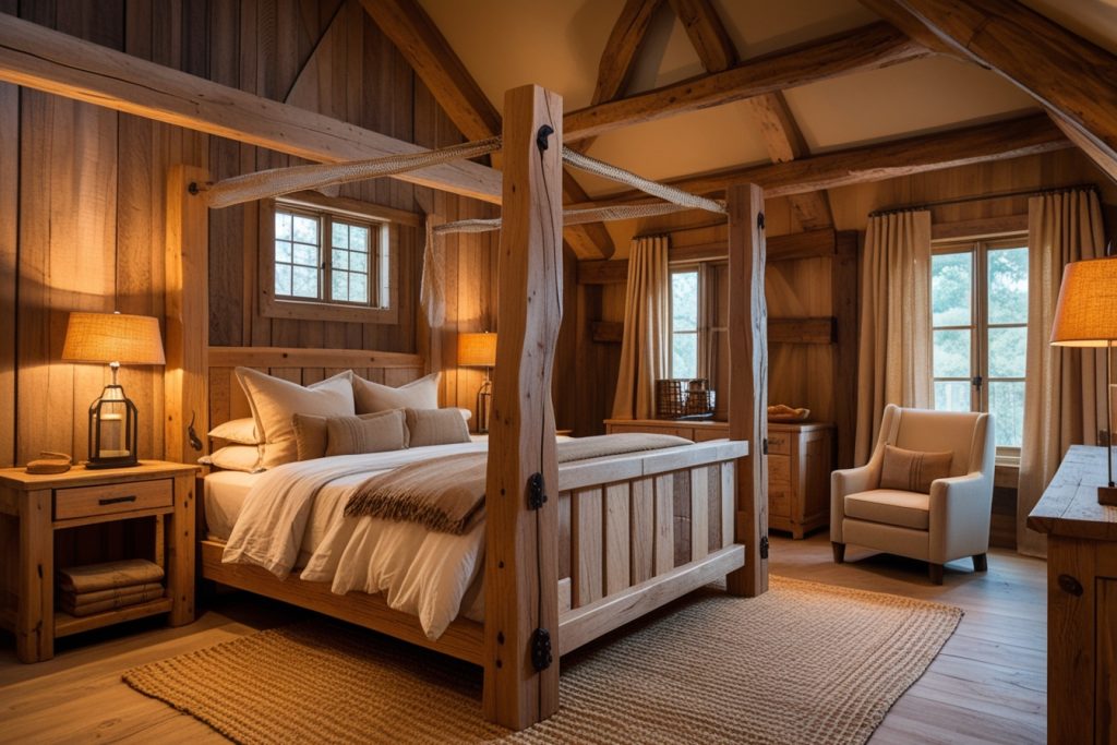 Rustic Home Decor bedroom with wooden bed frame and warm lights