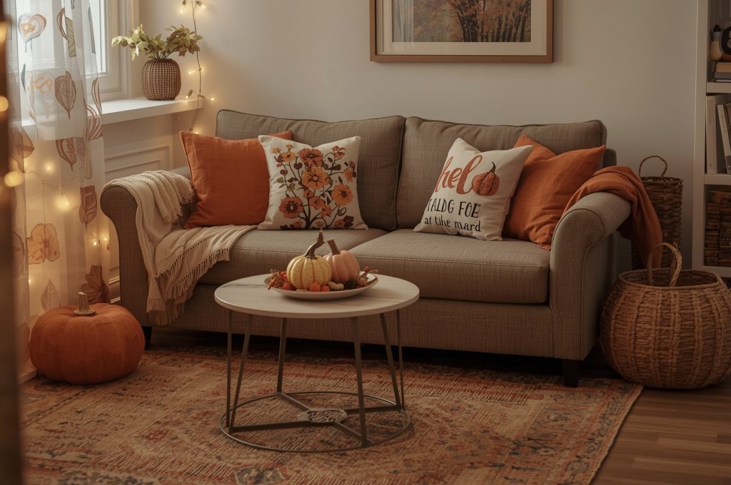 Cozy small apartment fall home decor ideas with rugs, table decor, and multi-purpose furniture.