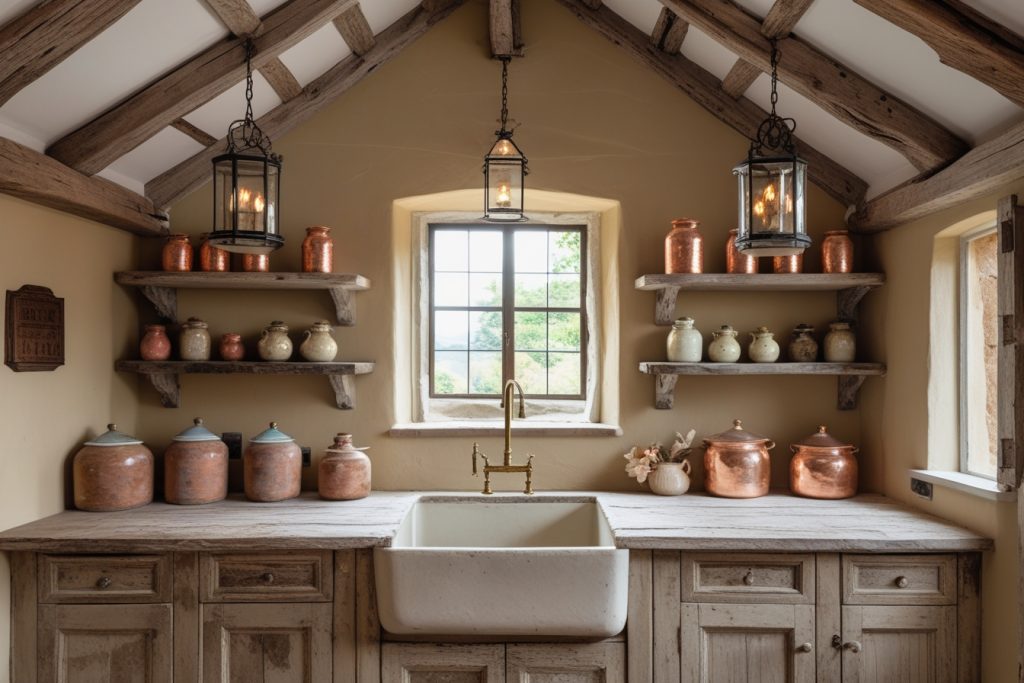 Rustic Home Decor farmhouse kitchen with wooden shelves and sink