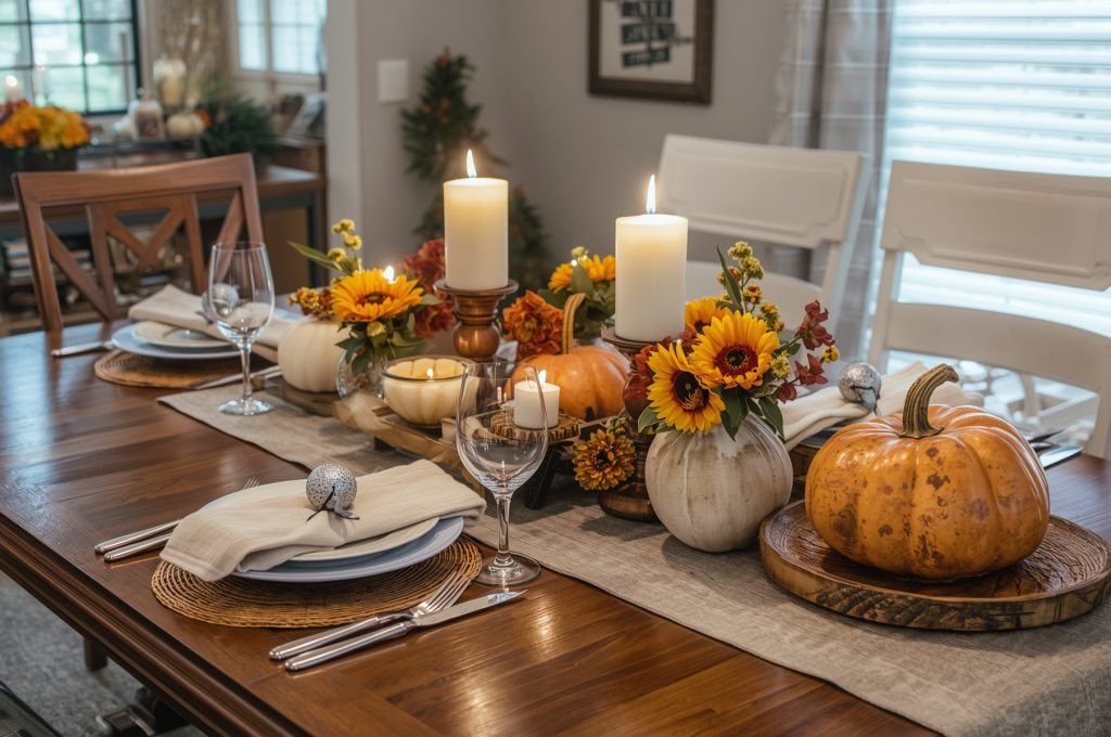 Fall dining room decor with a table runner, pumpkins centerpiece, and seasonal flowers.