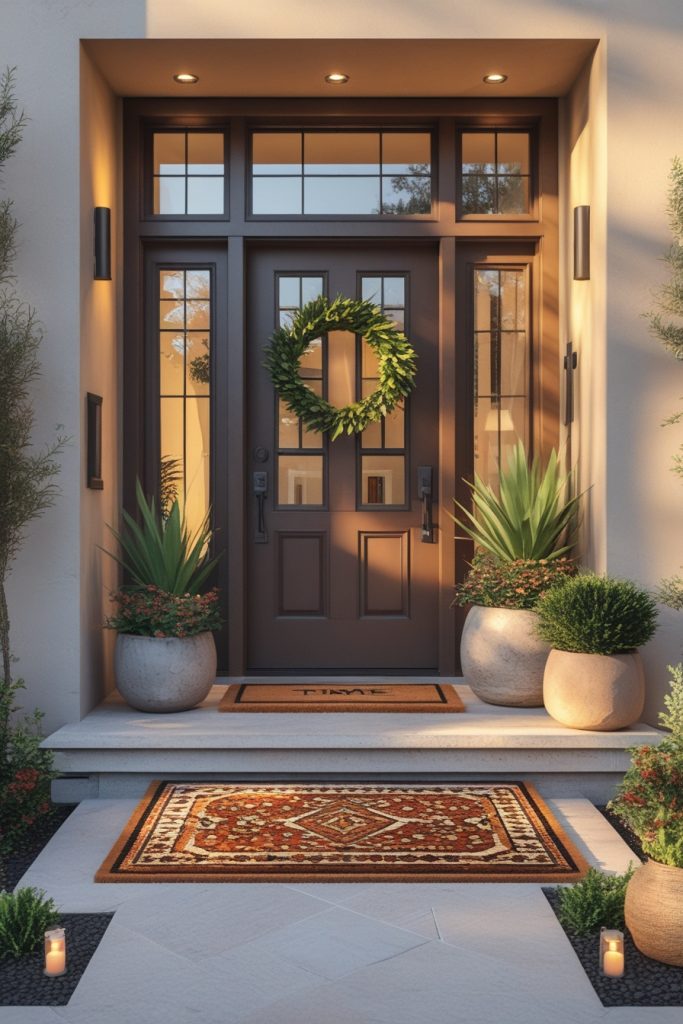 Home entrance decor featuring a cozy patterned rug and welcoming doormat in earthy tones