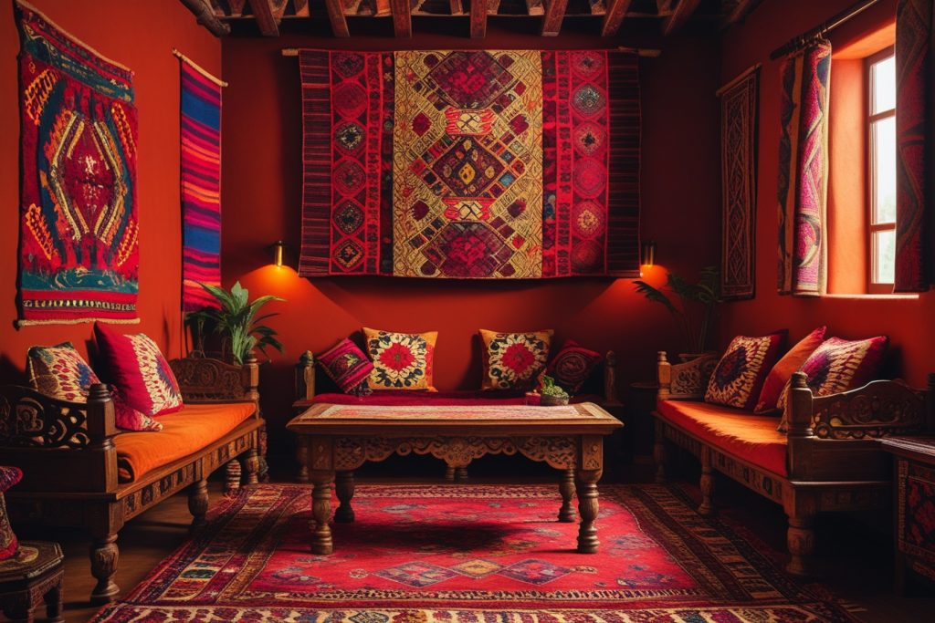 Ethnic home decor colorful room design.