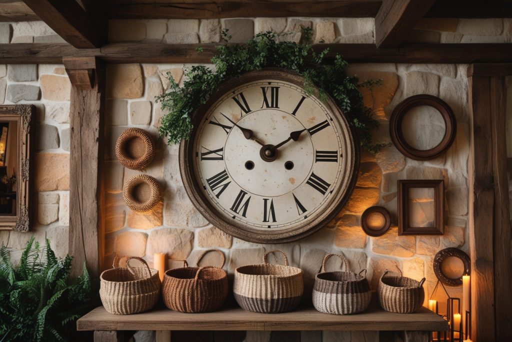 Rustic Home Decor wall with wooden frames and woven baskets