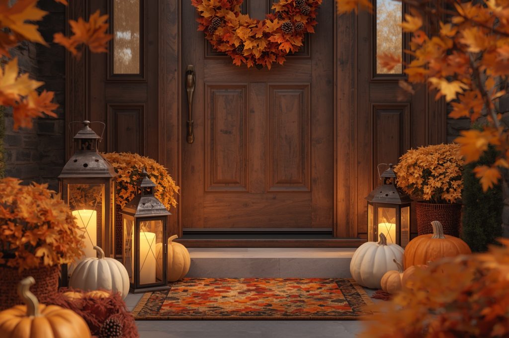 Fall entryway decor with a rustic wreath, lanterns, pumpkins, and warm lights.