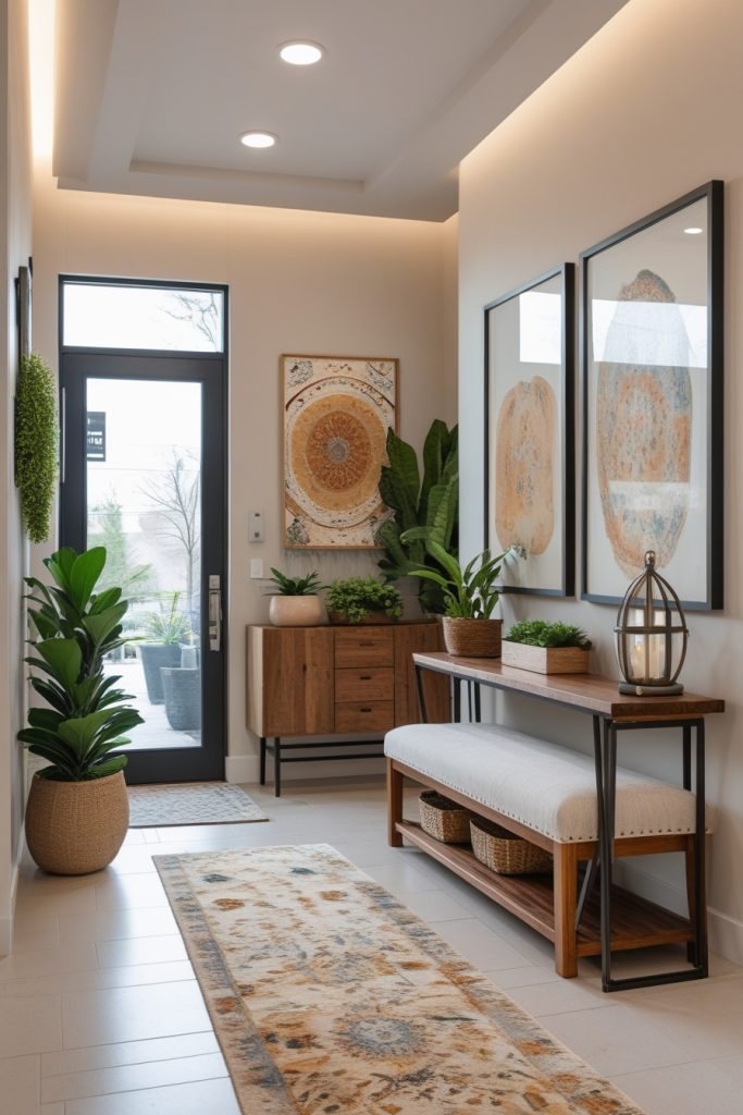 Small entryway home entrance decor with storage bench, console table, and modern clutter-free designSmart home entrance decor idea featuring a stylish storage bench and console table to keep the entryway functional, organized, and welcoming.