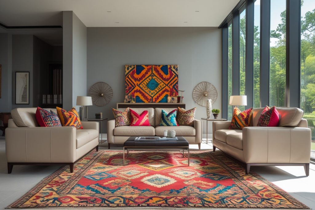 Ethnic home decor modern living room design.