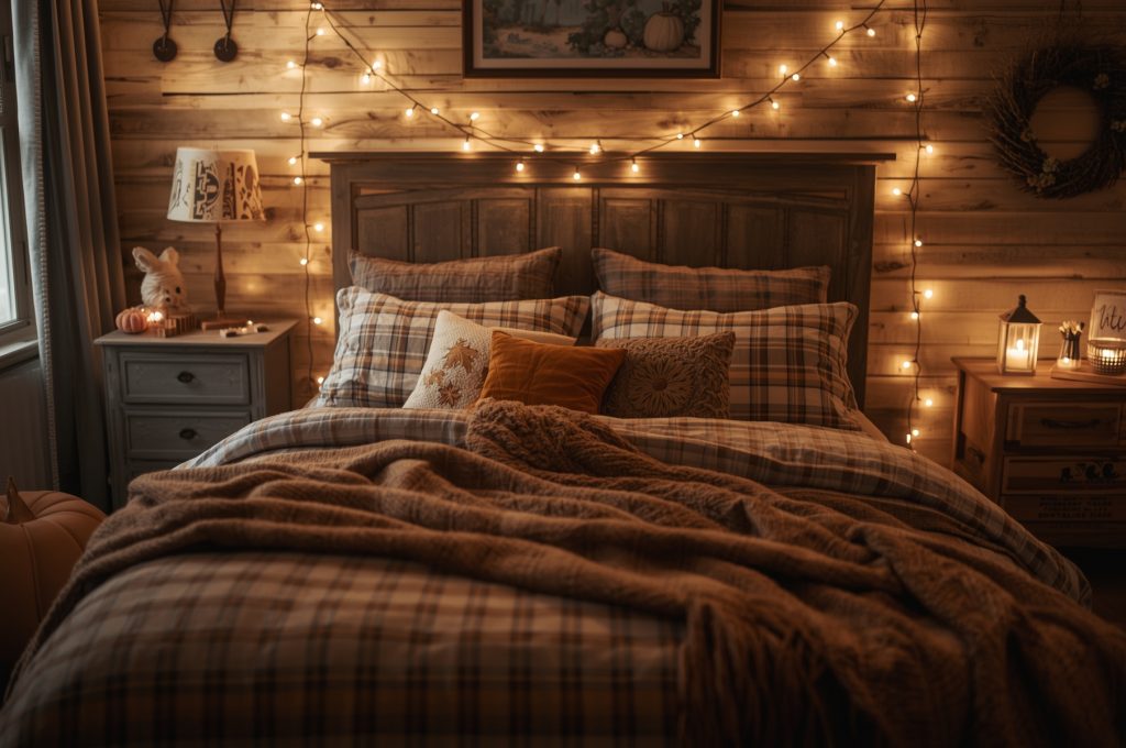 Fall bedroom decor with warm-toned blankets, pillows, and fairy lights.