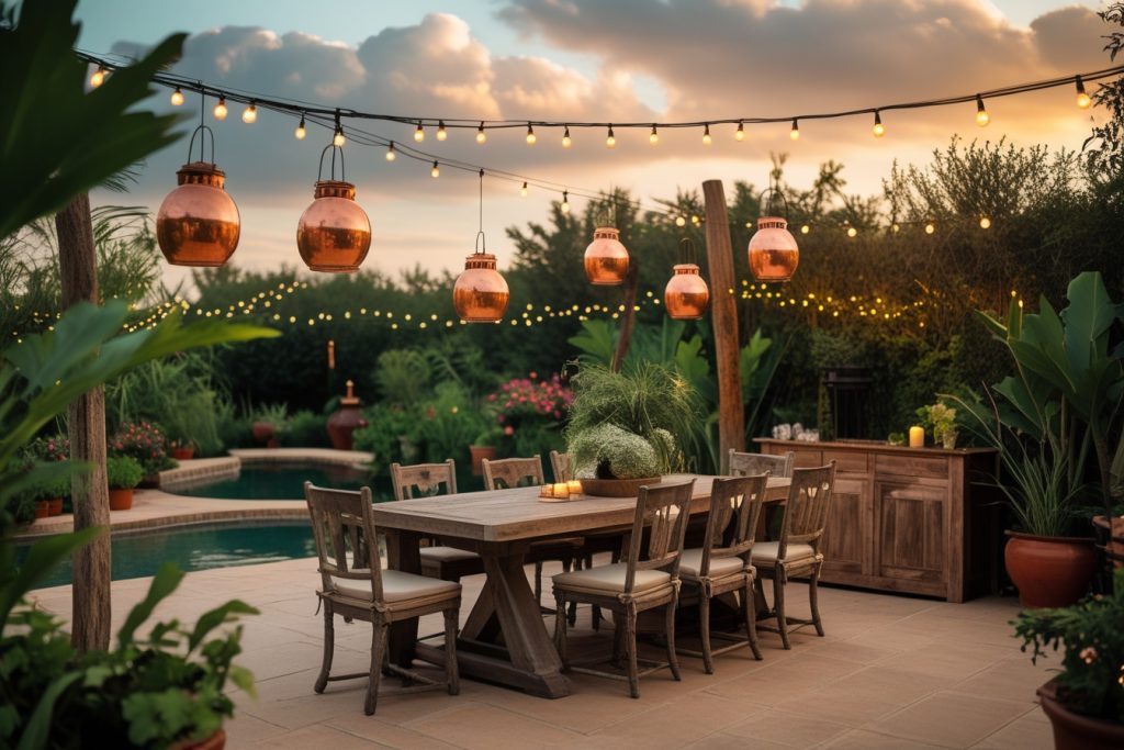 Rustic Home Decor outdoor patio with wooden furniture and lanterns
