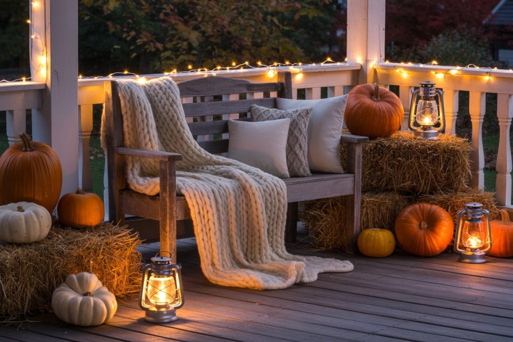 Fall outdoor decor with pumpkins, hay bales, lanterns, and rustic benches.