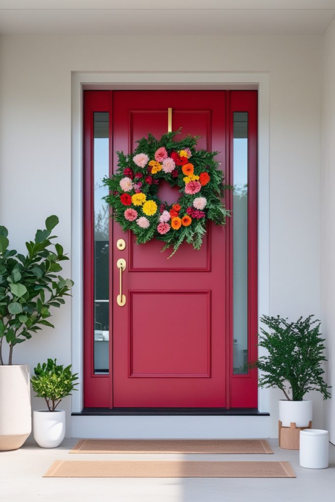 Home entrance decor with bold statement door, brass handles, and seasonal wreath