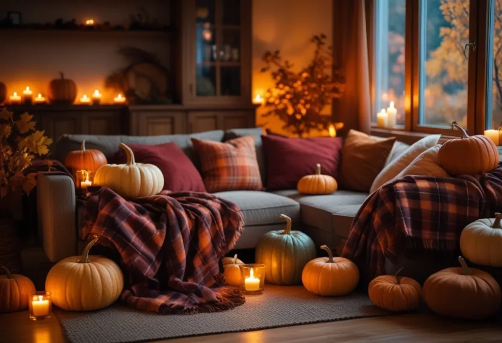 Cozy autumn living room styled with pumpkins, candles, and blankets for fall decor.
