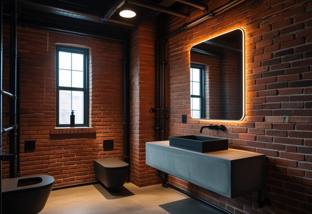 Industrial bathroom decor ideas with exposed brick and pipes