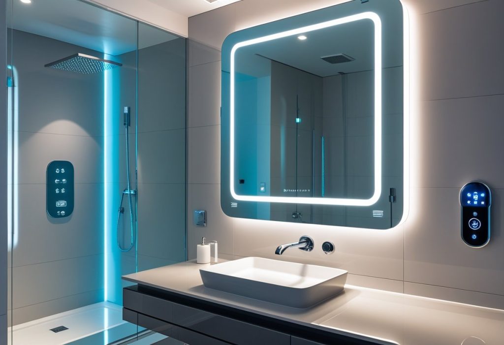 Smart bathroom decor ideas with touchless faucet and LED mirror