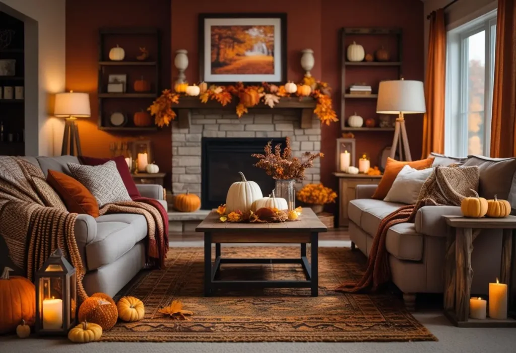 Cozy autumn home decorated with warm fall decor colors and natural textures.