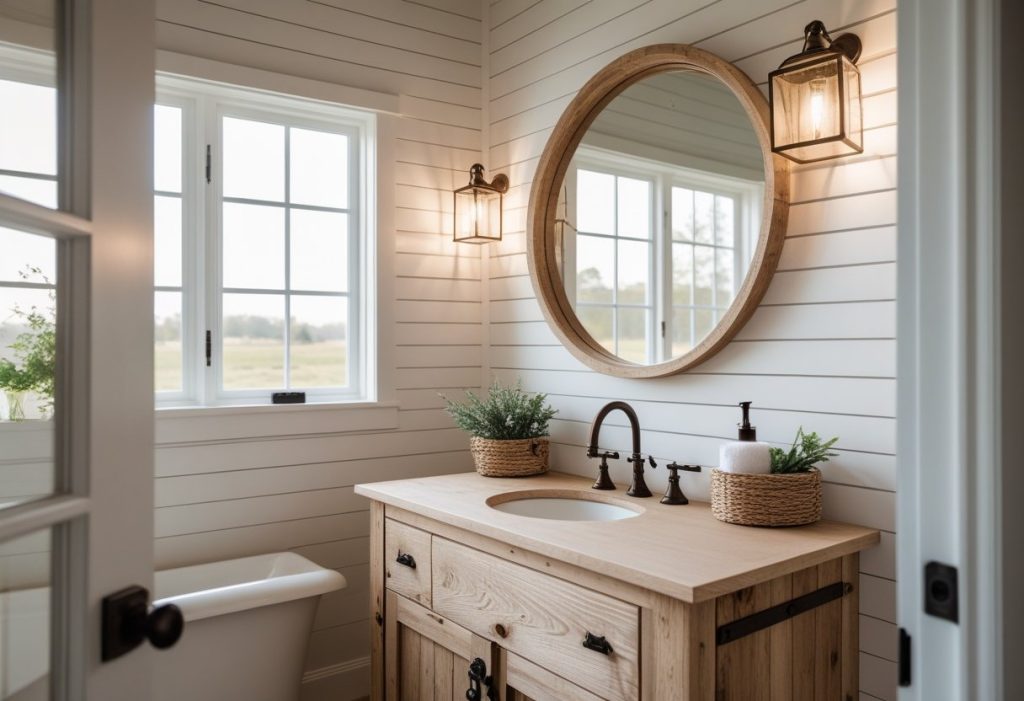 Shiplap wall bathroom decor ideas with farmhouse vanity