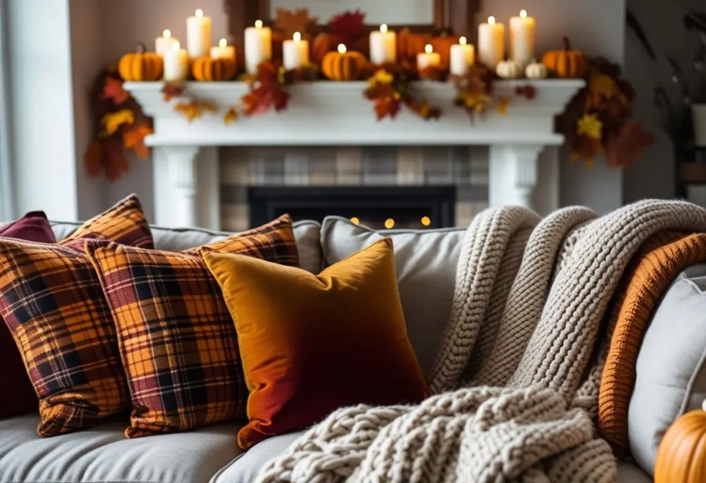 Living room styled with plaid pillows, knit blankets, and pumpkins for fall decor.