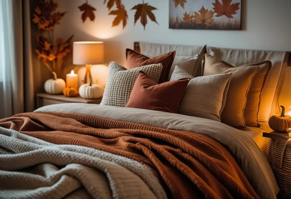 Cozy fall bedroom decor with layered blankets and warm autumn lighting.