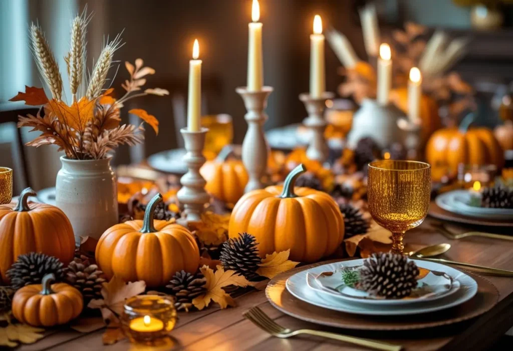 Autumn dining table decorated with pumpkins, candles, and fall decor accents.