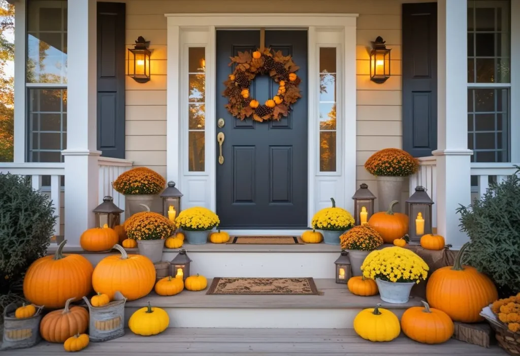 Front porch decorated with pumpkins, mums, and lanterns for fall decor.