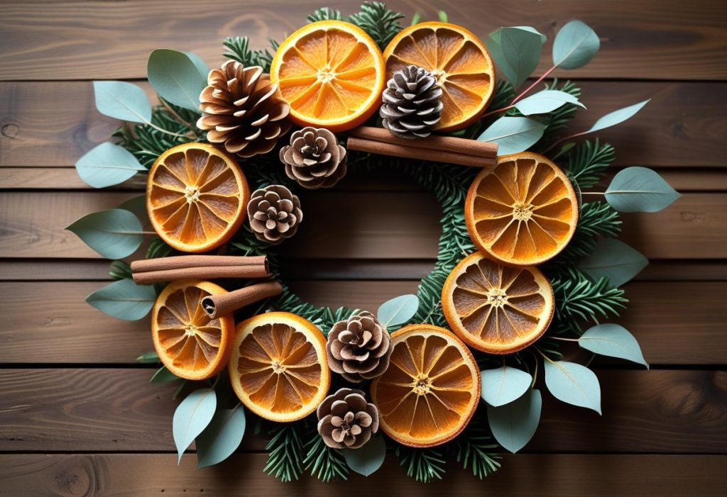 DIY fall decor wreath made with dried oranges, cinnamon sticks, and natural materials.