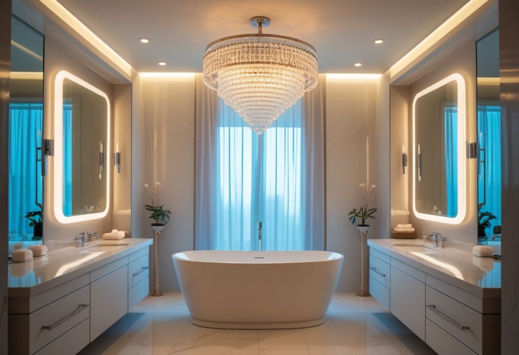 Lighting bathroom decor ideas with chandelier and LED lights