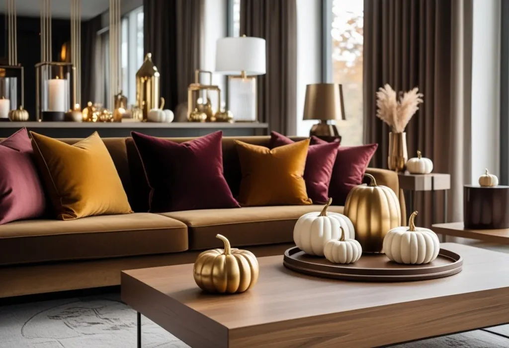 Modern living room styled with luxury velvet pillows and minimalist pumpkins for fall decor.