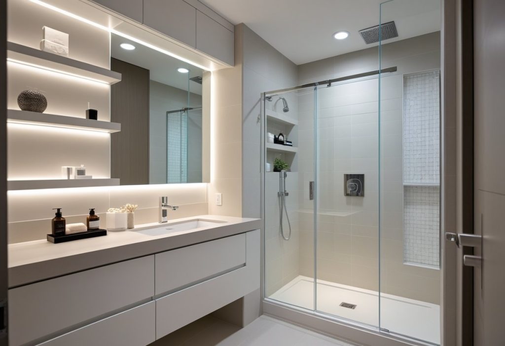 Small bathroom decor ideas with floating shelves and mirrors