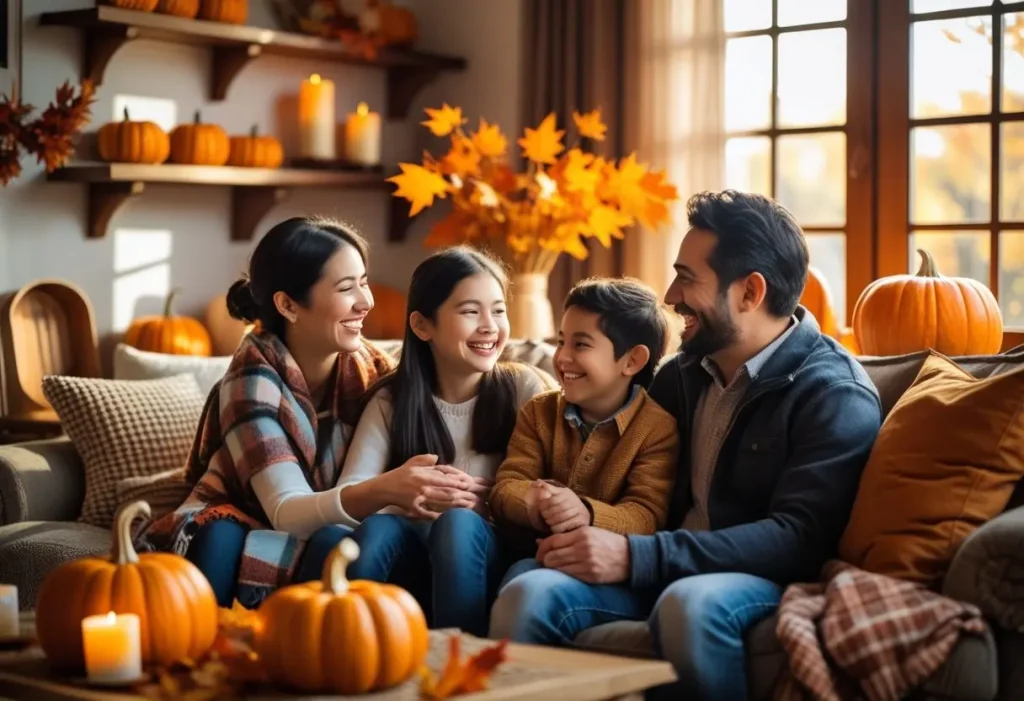 Family enjoying cozy autumn living room decorated with fall decor.