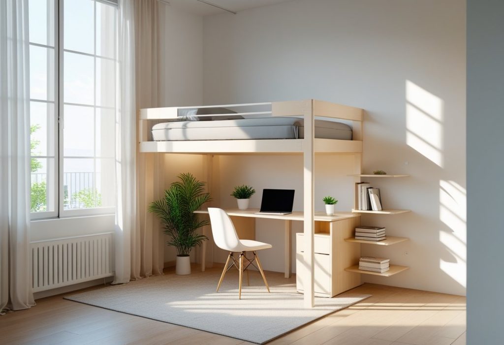 Modern loft bed with desk underneath in small apartment
