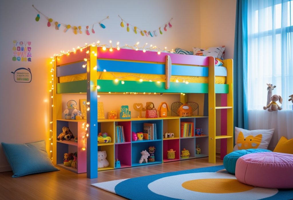 Kids loft bed with fairy lights and play area below