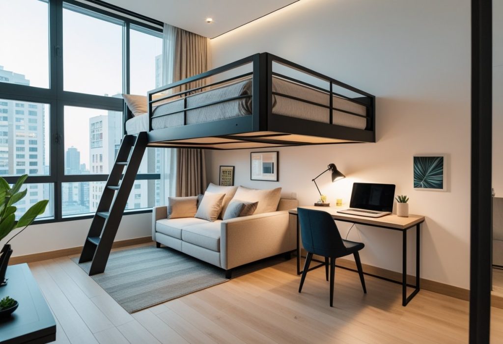 Loft bed with sofa and desk in studio apartment