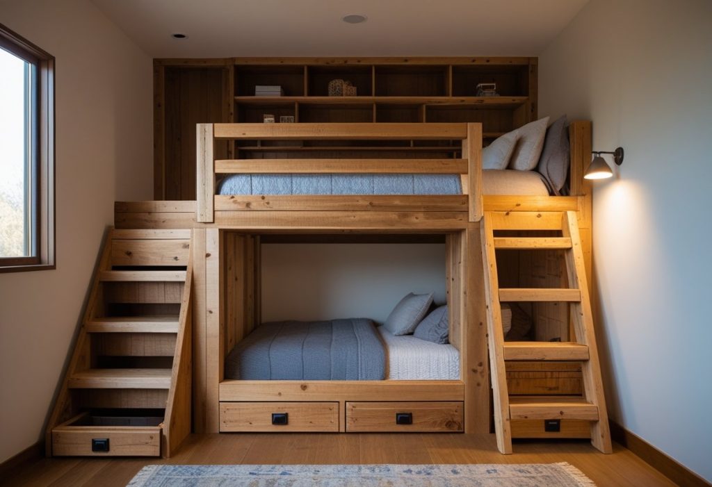 DIY wooden loft bed with built-in storage drawers