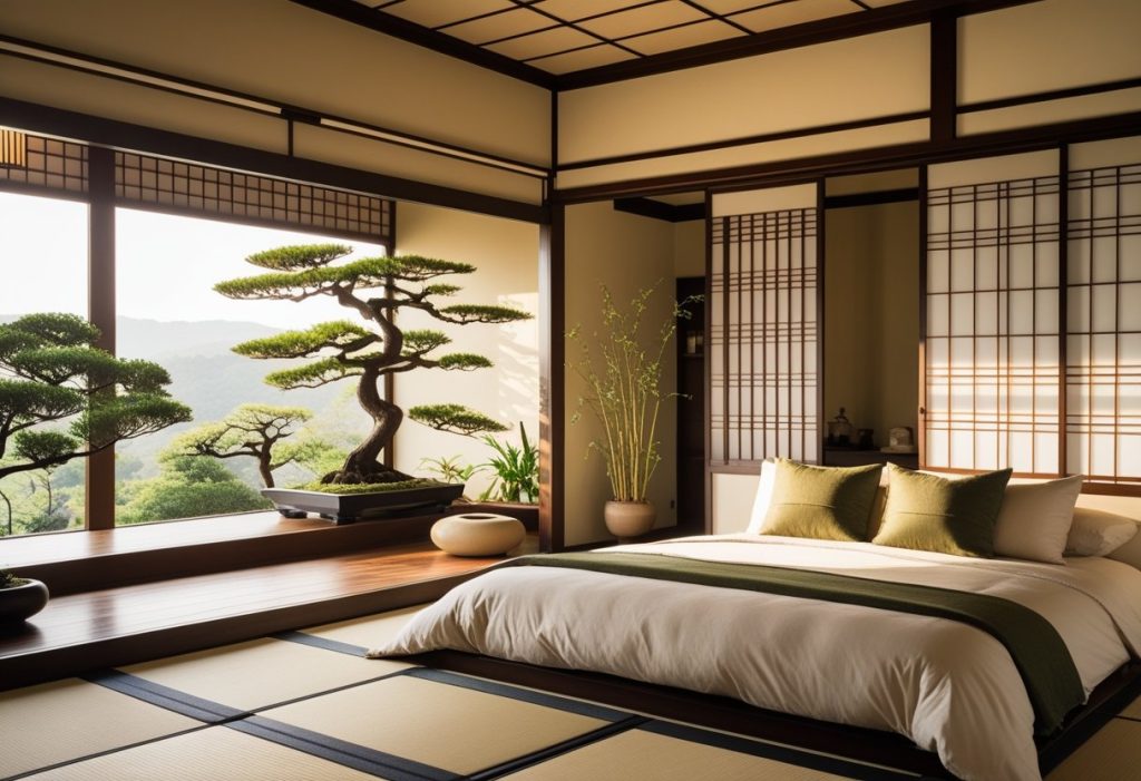 Balanced Feng Shui master bedrooms decor with nightstands and natural plants
