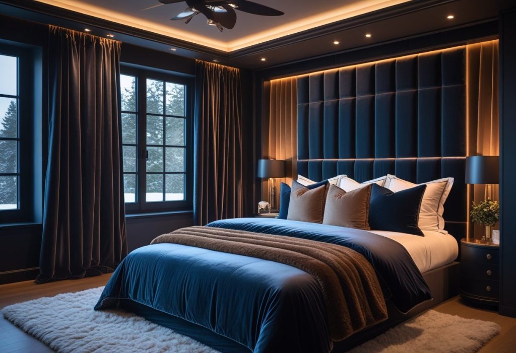 Cozy winter master bedrooms decor with velvet bedding and warm lighting